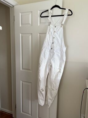 White Women's Denim Overalls - Classic Button-Front